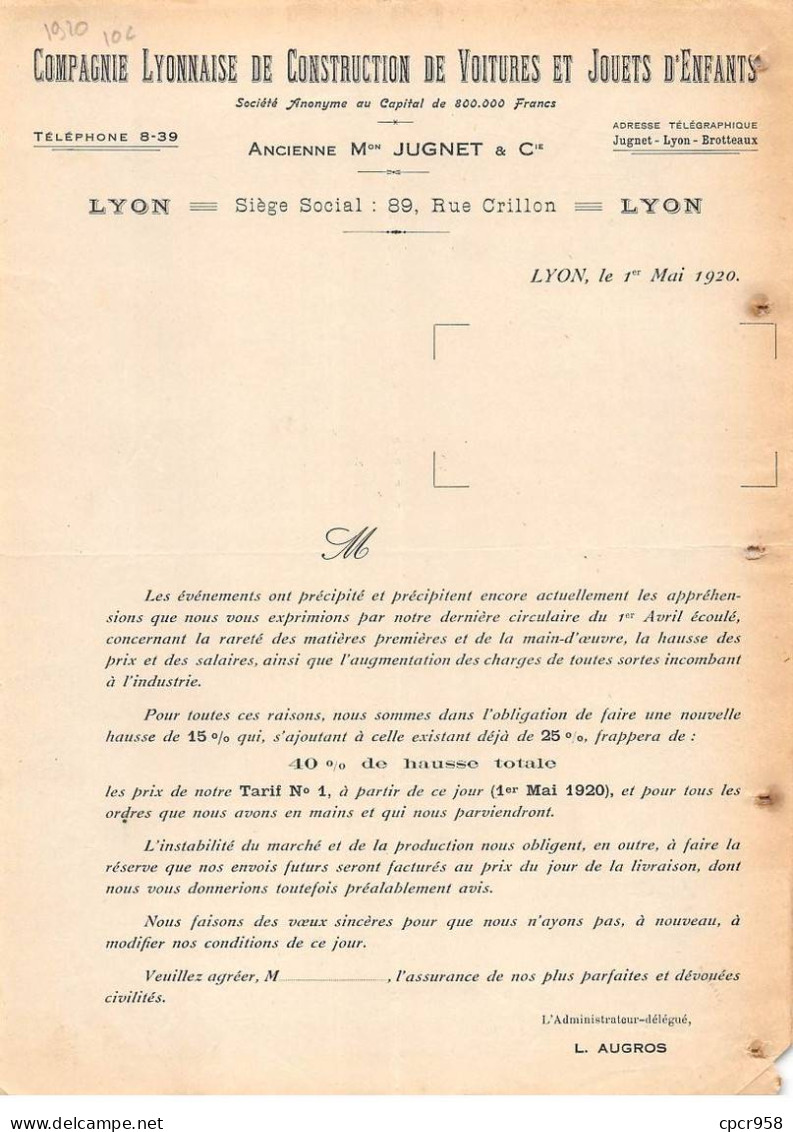 Facture.AM20183.Lyon.1920.Compagnie Lyonnaise De Construction De Voitures Et Jouets D'enfants.Jugnet & Cie - 1900 – 1949