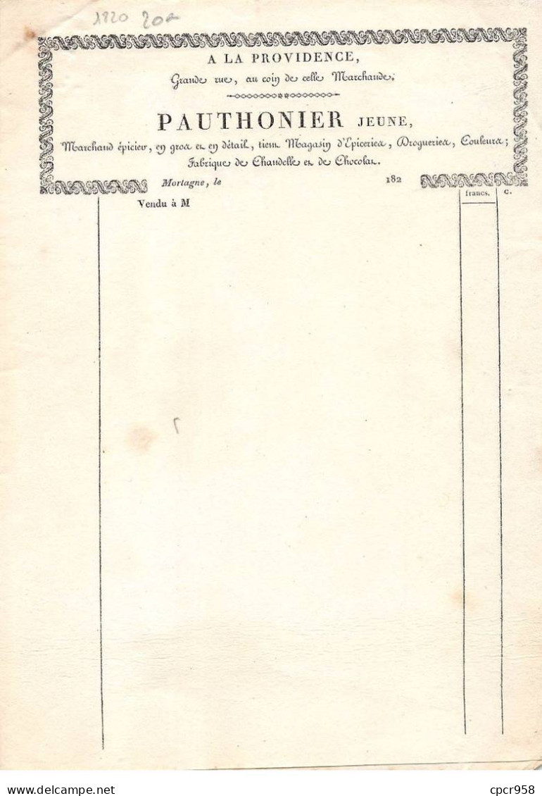 Facture.AM20288.Mortagne.1820.Pauthonier Jeune.A La Providence - 1800 – 1899