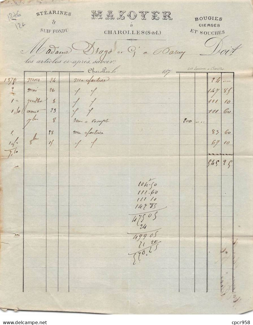 Facture.AM20178.Charolles.1876.Mazoyer.Bougie.Cierge.Souche.Stéarines.Suif Fondu - 1800 – 1899
