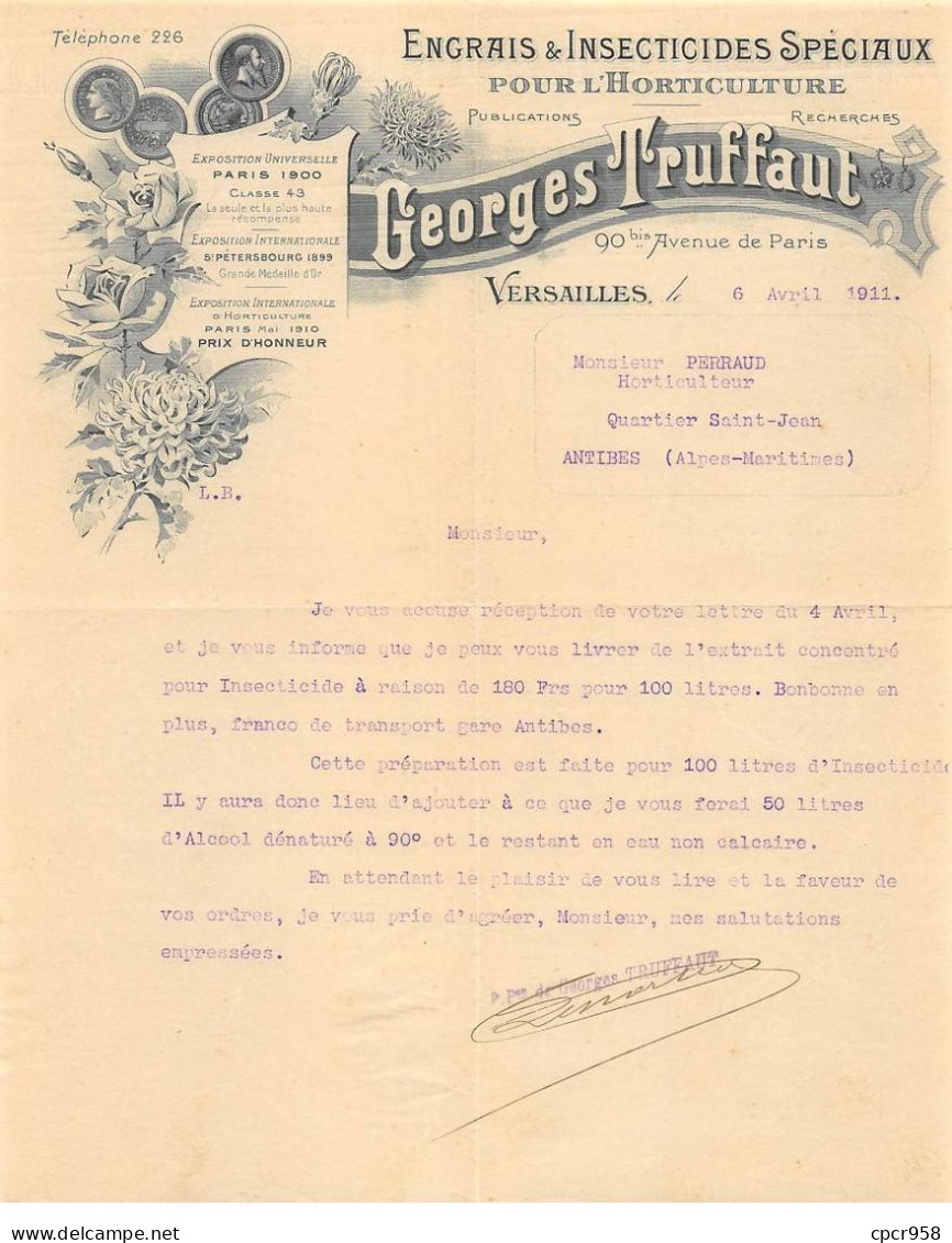 Facture.AM19451.Versailles.Pour Antibes.1911.Georges Truffaut.Engrais.insecticide.Horticulture.Illustré - 1900 – 1949