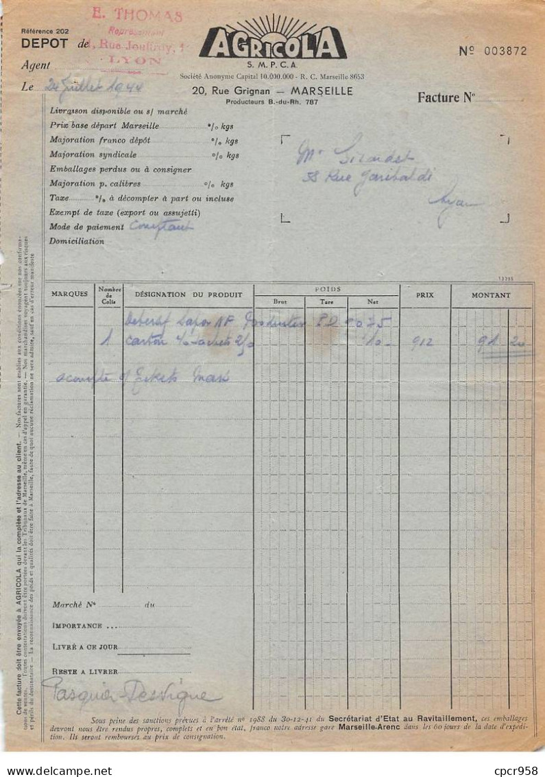 Facture.AM19449.Marseille.1944.Agricola.SMPCA - 1900 – 1949