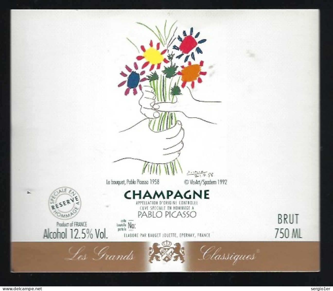 Etiquette Champagne Brut  Réserve En Hommage à Pablo Picasso  Le Bouquet 1958  Bauget Jouette Epernay Marne 51 - Champan