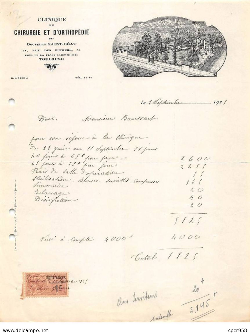 Facture.AM19529.Toulouse.1925.Docteur Saint Béat.Clinique De Chirurgie Et D'orthopédie.Illustré - 1900 – 1949