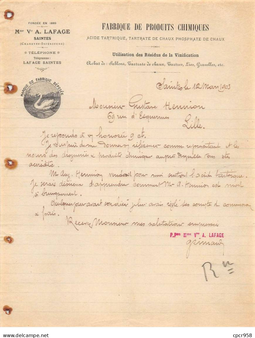 Facture.AM19437.Saintes.Pour Lille.1903.A Lafage.Produits Chimiques.Acide Tartrique.Tartrate De Chaux.Phosphate De Chaux - 1900 – 1949