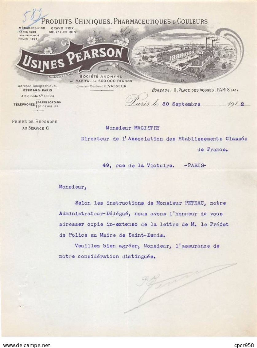 Facture.AM19421.Paris.1912.Usine Pearson.Produit Chimique.pharmaceutique.couleurs.Illustré - 1900 – 1949