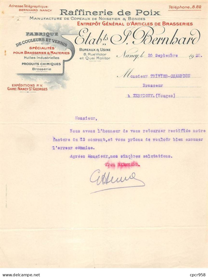 Facture.AM19419.Nancy.1920.Etab.Bernhard.raffinerie De Poix.copeaux Noisetier.Bondes.Couleurs.Vernis.Huile.Brosserie - 1900 – 1949