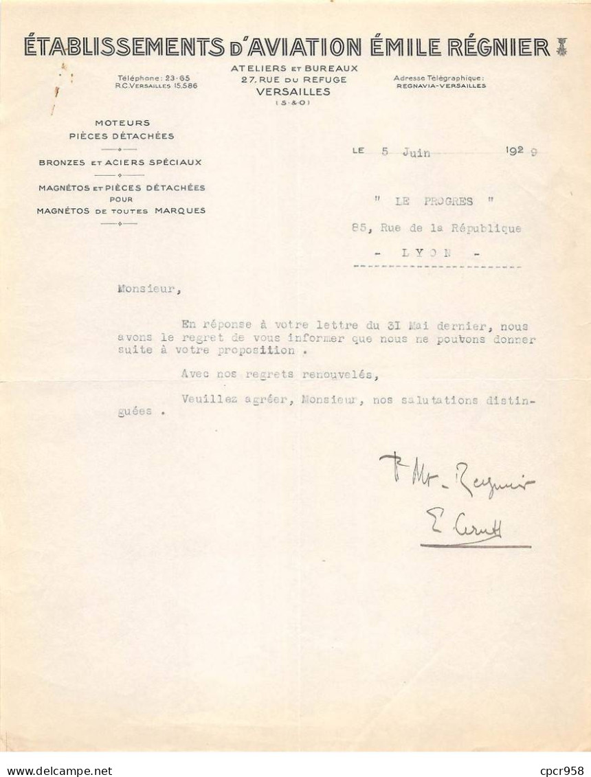 Facture.AM19408.Versailles.Pour Lyon.1929.Etablissement D'avion Emile Régnier.Moteur.Pièce Détachée.Magnétos - Verkehr & Transport