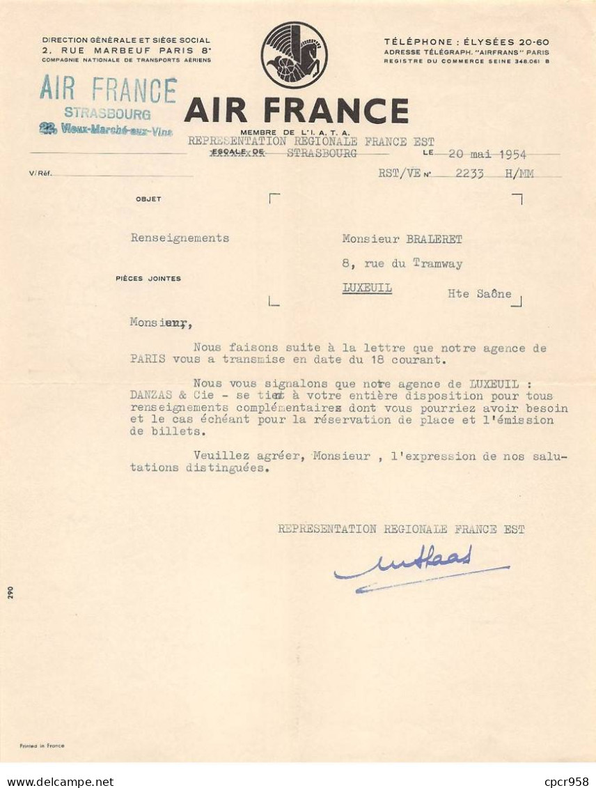 Facture.AM19415.Strasbourg.1954.Air France.Transport Aérien - 1950 - ...