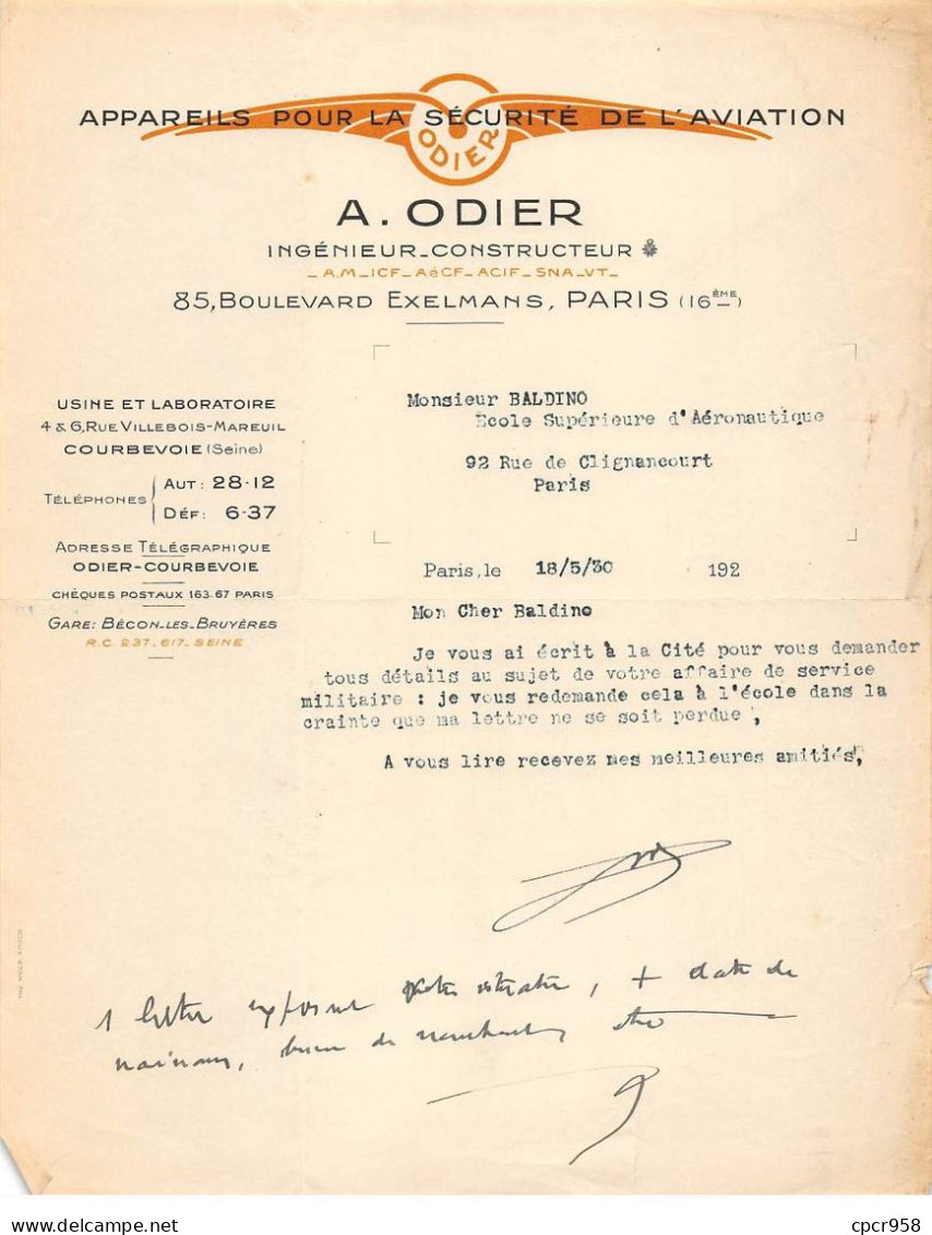 Facture.AM19410.Paris.1930.A Odier.Appareils Pour La Sécurité De L'avion - Verkehr & Transport