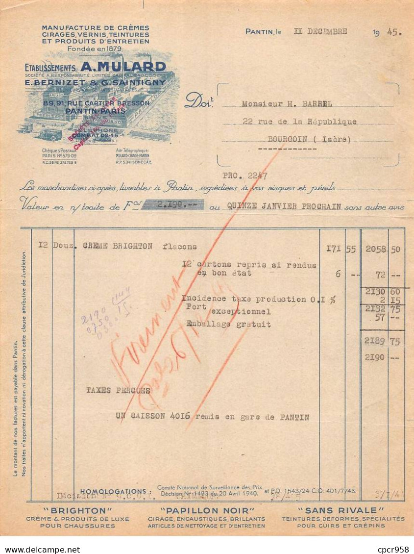 Facture.AM19392.Pantin.Pour Bourgoin.1945.Mulard.Berzinet.Saintigny.Crème.Cirage.Vernis.Teinture.Brighton.Illustré - Drogisterij & Parfum