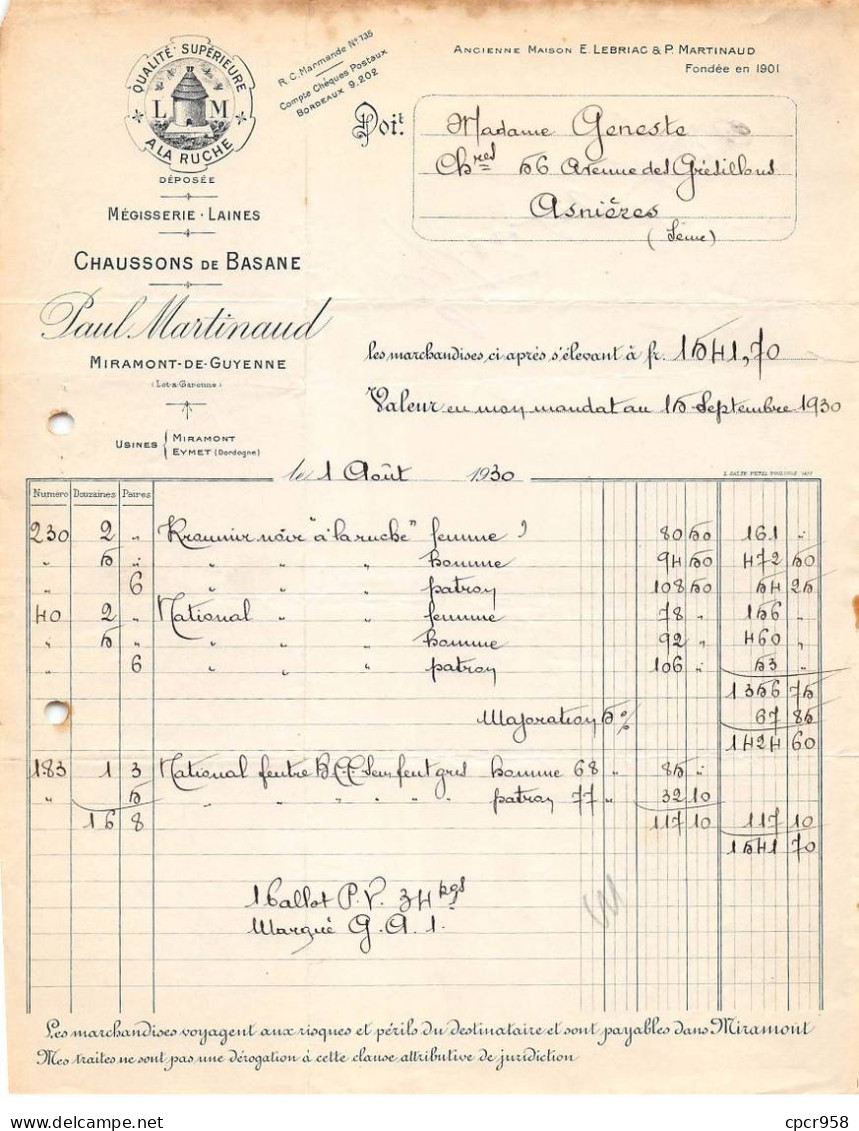 Facture.AM19396.Miramont De Guyenne.1901.Paul Martinaud.Chaussons De Basane.Mégisserie.Laine.A La Ruche.Illustré - Droguerie & Parfumerie