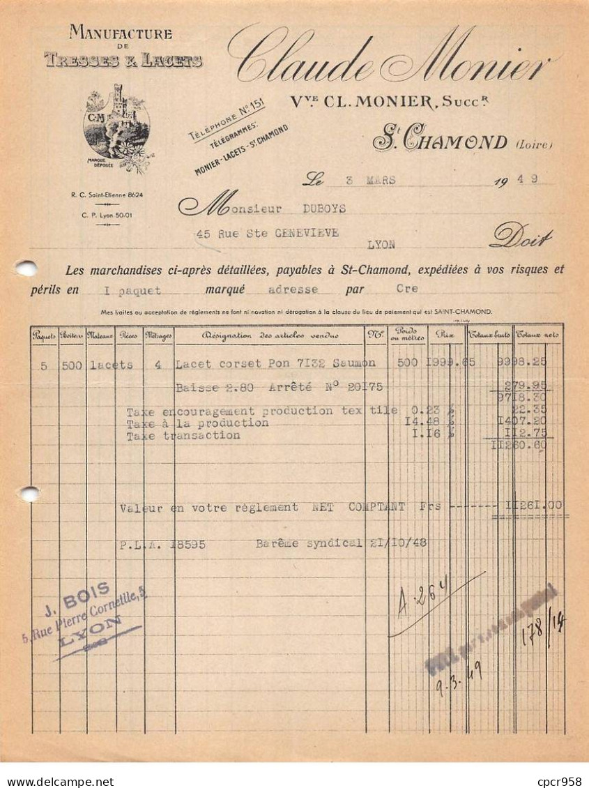 Facture.AM19383.Saint Chamond.1949.Claude Monier.Tresse.Lacet.Chaussure.Corsets.Illustré - Drogerie & Parfümerie