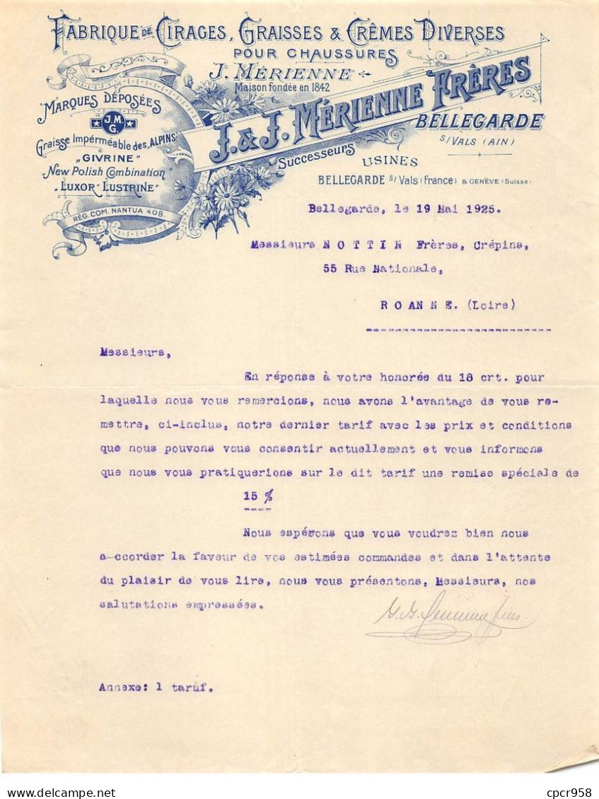 Facture.AM19374.Bellegarde.Pour Roanne.1925.J Mérienne.Cirage.Graisse.Chaussure.Crème.Givrine.Luxor.Illustré - Perfumería & Droguería