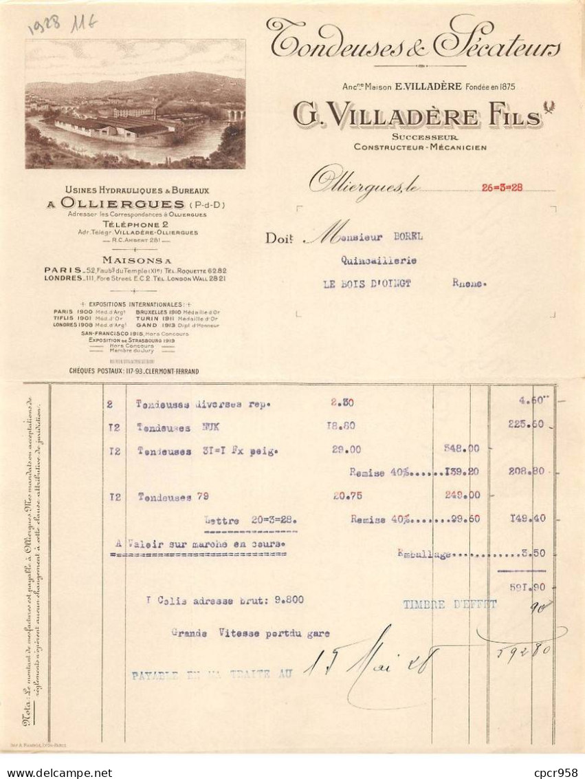 Facture.AM20923.Olliergues.1928.G Villadère Fils.Tondeuse & Sécateurs - 1900 – 1949