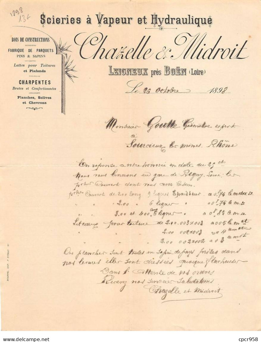 Facture.AM20930.Leigneux.Boën.1902.Chazelle & Midroit.Scieries à Vapeur Et Hydraulique.Bois.Parquet.Latte.Charpente - 1800 – 1899
