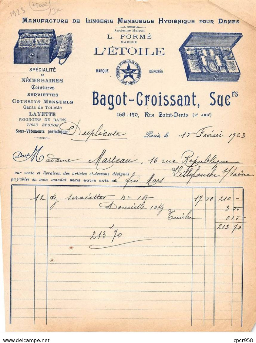 Facture.AM20916.Paris.75002.1923.Bagot-Croissant.L Formé.L'étoile.Lingerie Mensuelles Hygiénique Pour Dames.Gants - 1900 – 1949