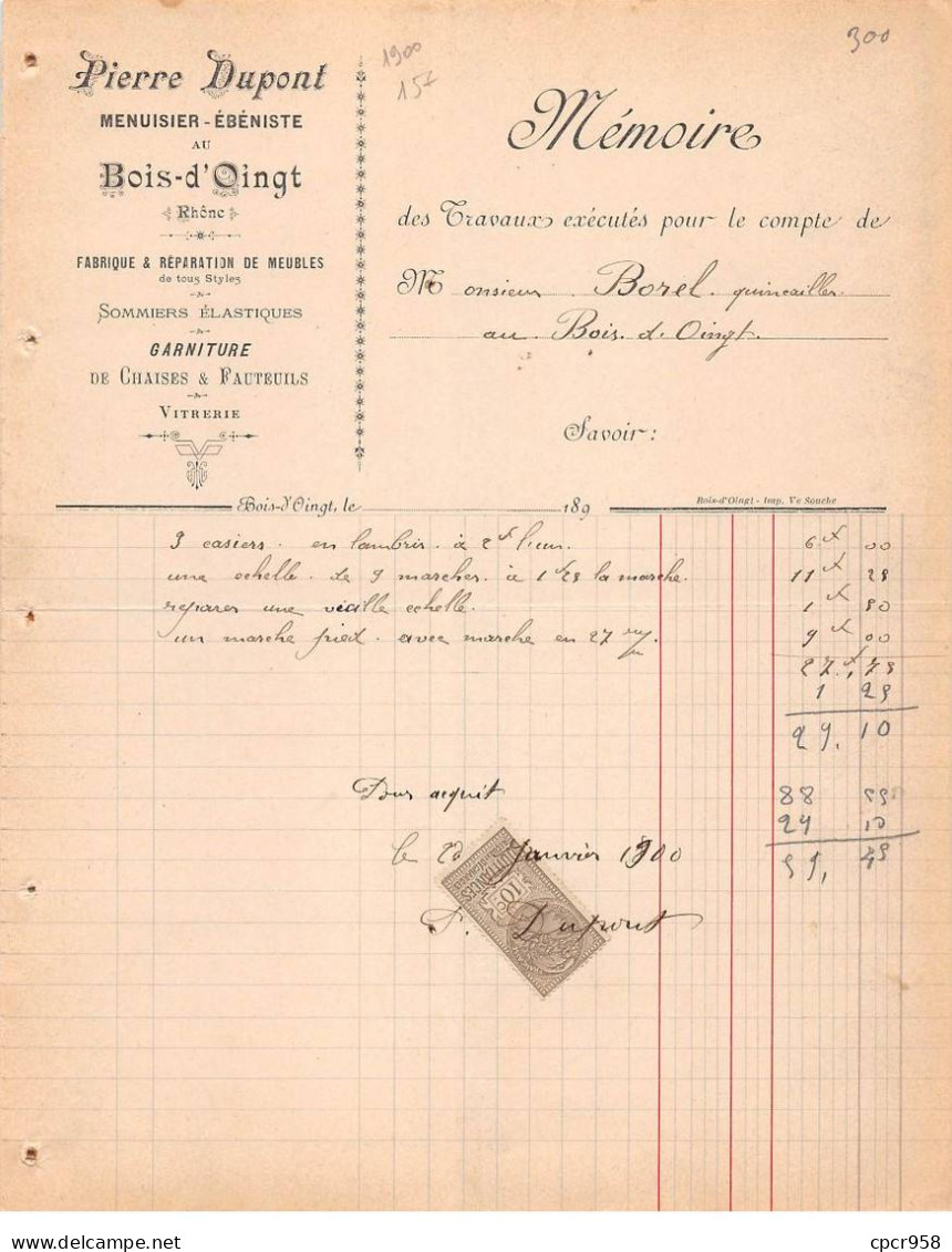 Facture.AM20948.Bois D'Oingt.1900.Mémoire.Pierr Dupont.Menusier.Ebeniste.Meuble.Sommier.Chaise.Fauteuil.Vitrerie - 1900 – 1949