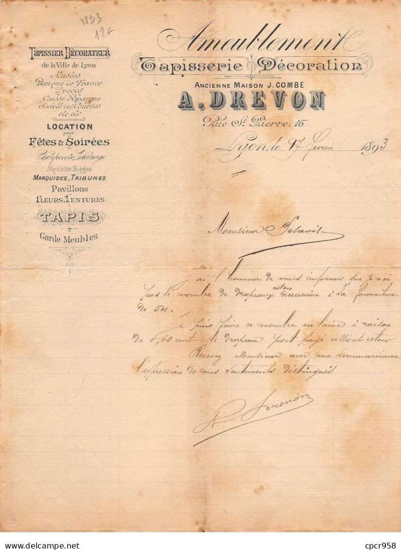Facture.AM20949.Lyon.1893.A Drevon.Ameublement.Tapisserie.Décoration.Marquise.Tribune.Pavillon.Fleur.Tenture.Tapis - 1800 – 1899