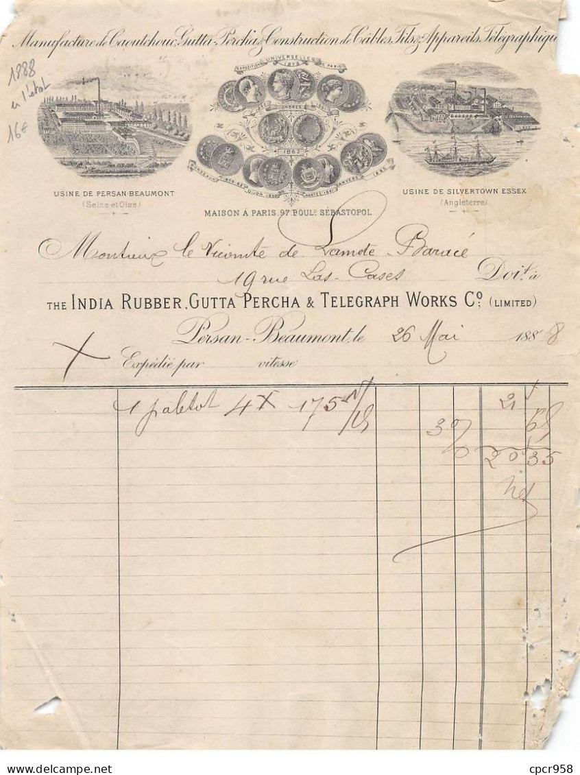 Facture.AM20946.Persan Beaumont.1888.India Rubber.Gutta Percha.Telegraph Work.Caoutchouc.Câble.Télégraphe.Etat - 1800 – 1899