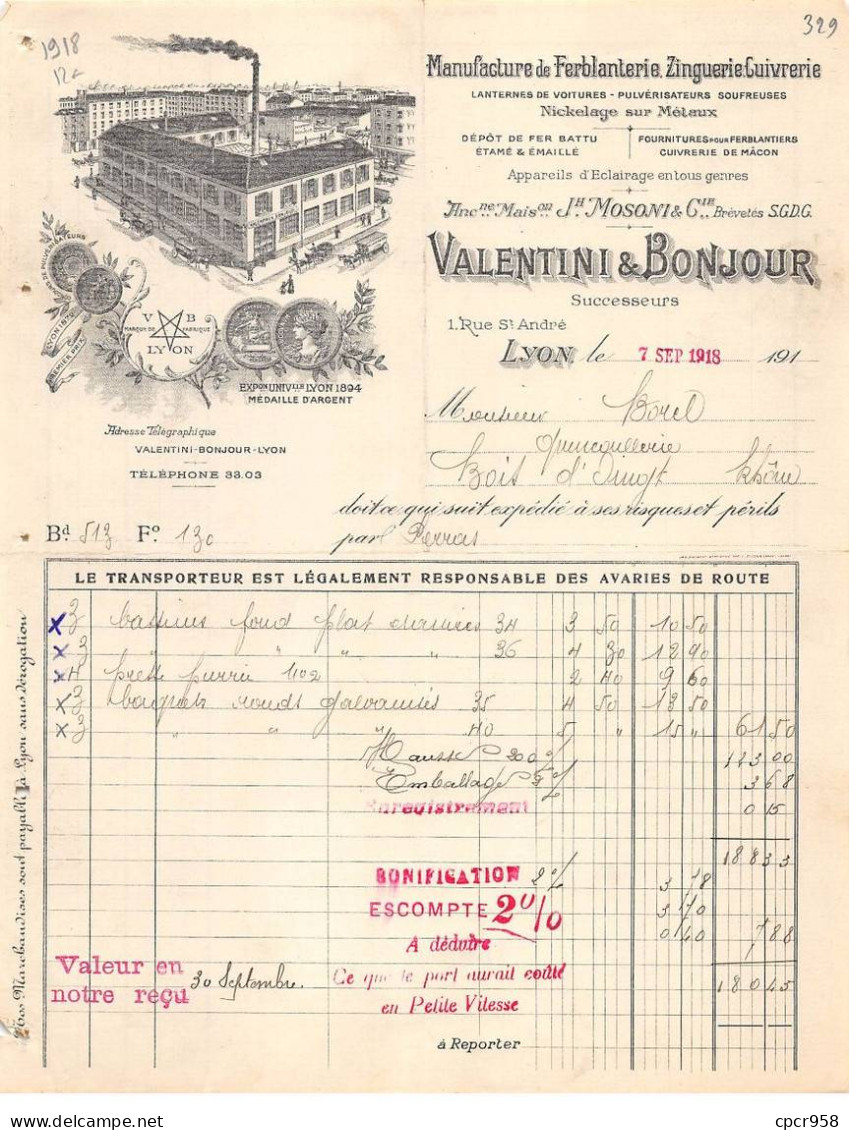 Facture.AM20925.Lyon.1918.Valentin & Bonjour.Jh Mosoni.Manufacture De Ferblanterie.Zinguerie.Cuivrerie.Lanterne Voiture - 1900 – 1949