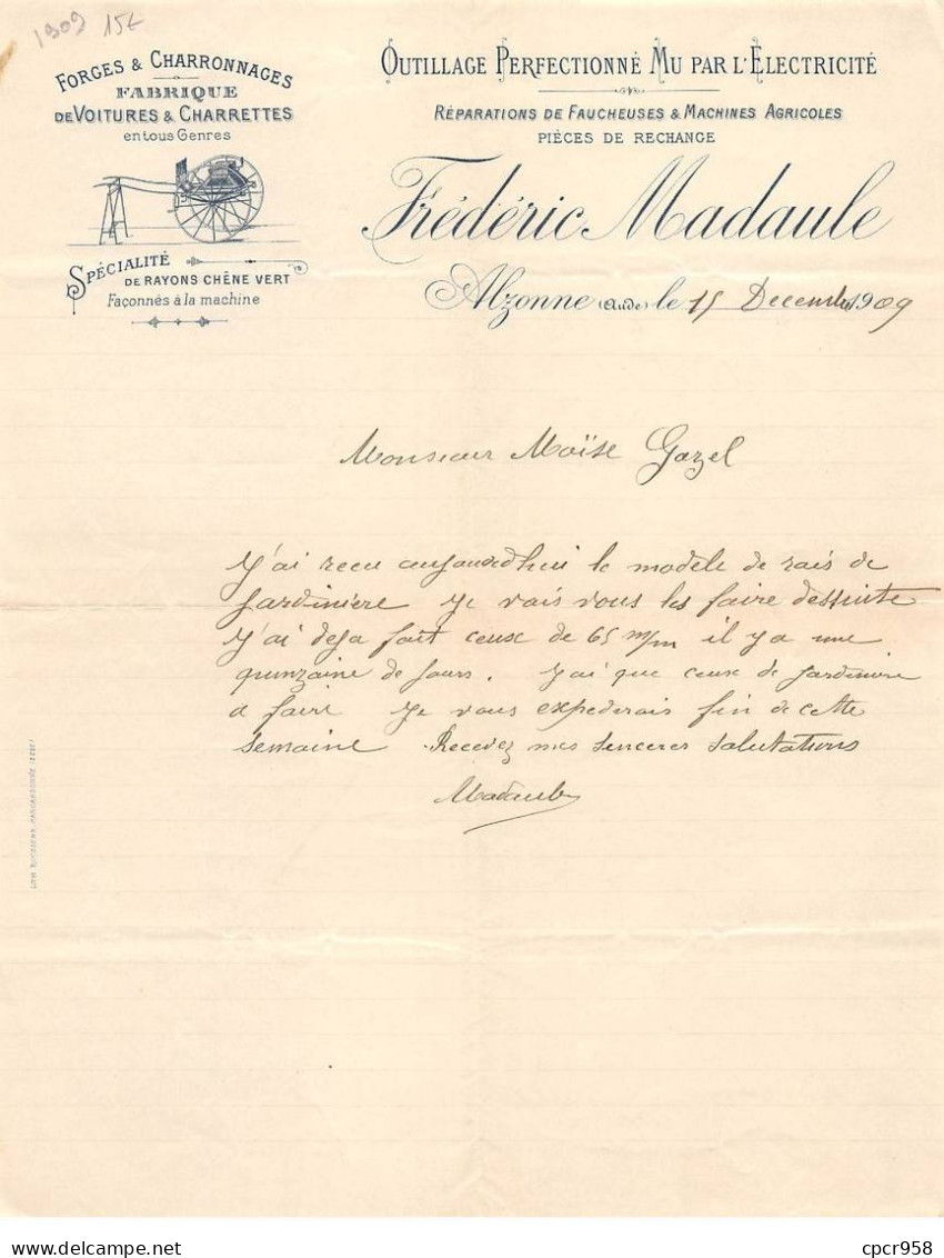 Facture.AM20961.Alzonne.1909.Frédéric Madaule.Forge.Charronnage.Voiture.Charette.Rayon Chêne Vert - 1900 – 1949