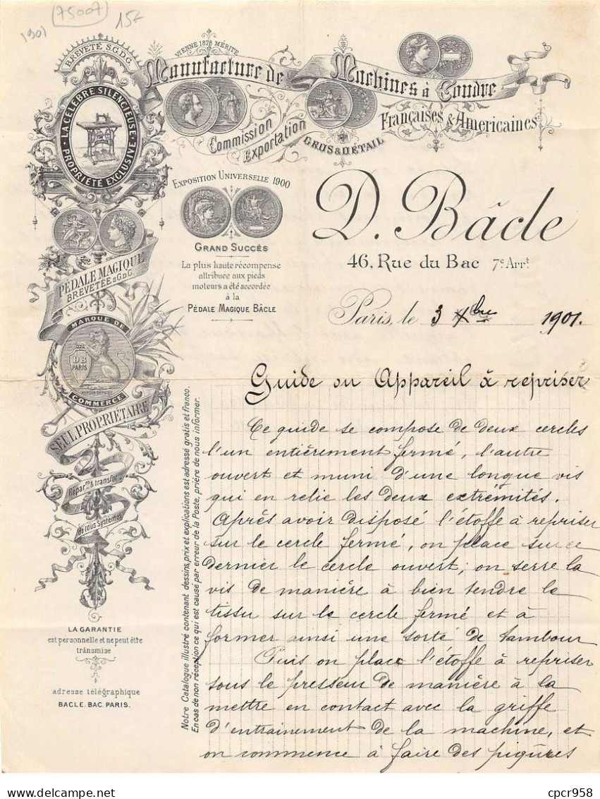 Facture.AM20951.Paris.75007.1901.D Bâcle.Machine à Coudre - 1900 – 1949