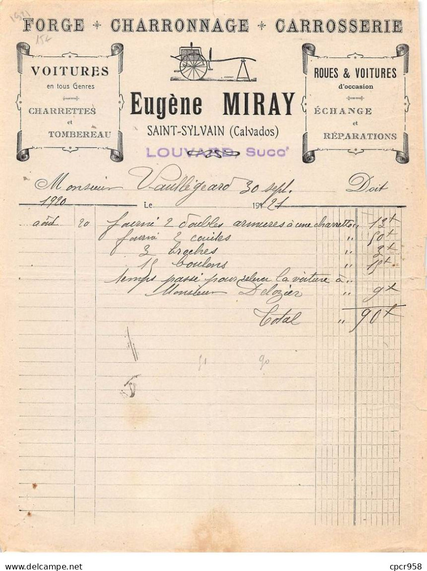 Facture.AM20965.Saint Sylvain.1921.Eugène Miray.Forge.Charronage.Carrosserie.Roue.Voiture.Charrette.Tombereau - 1900 – 1949