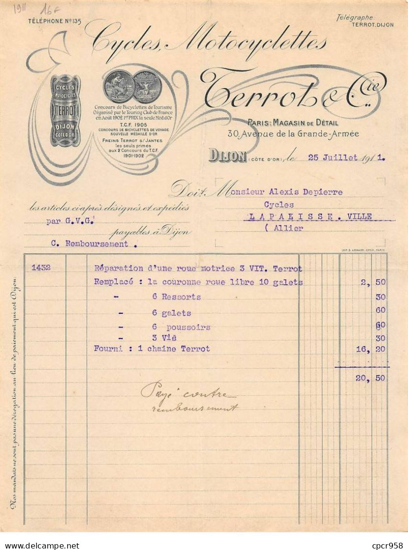 Facture.AM20959.Dijon.1911.Terrot & Cie.Cycles.Motocyclettes - 1900 – 1949