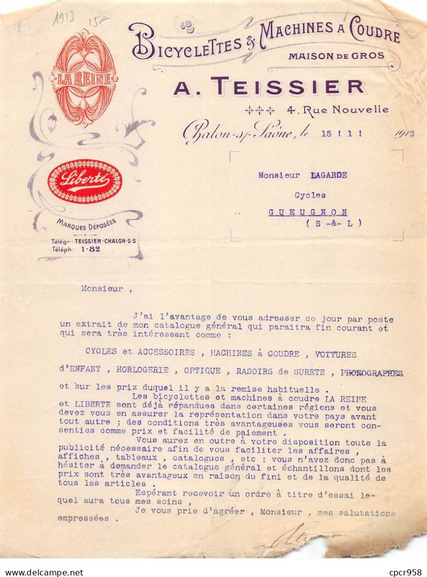 Facture.AM20955.Chalon Sur Saone.1913.A Teissier.Bicyclette.Machine à Coudre.La Reine.Liberté - 1900 – 1949