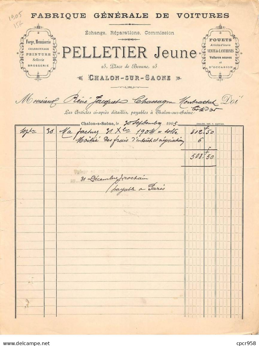 Facture.AM20968.Chalon Sur Saone.1905.Pelletier Jeune.Voiture.Forge.Menuiserie.Charronnage.Peinture.Sellerie.brosserie - 1900 – 1949