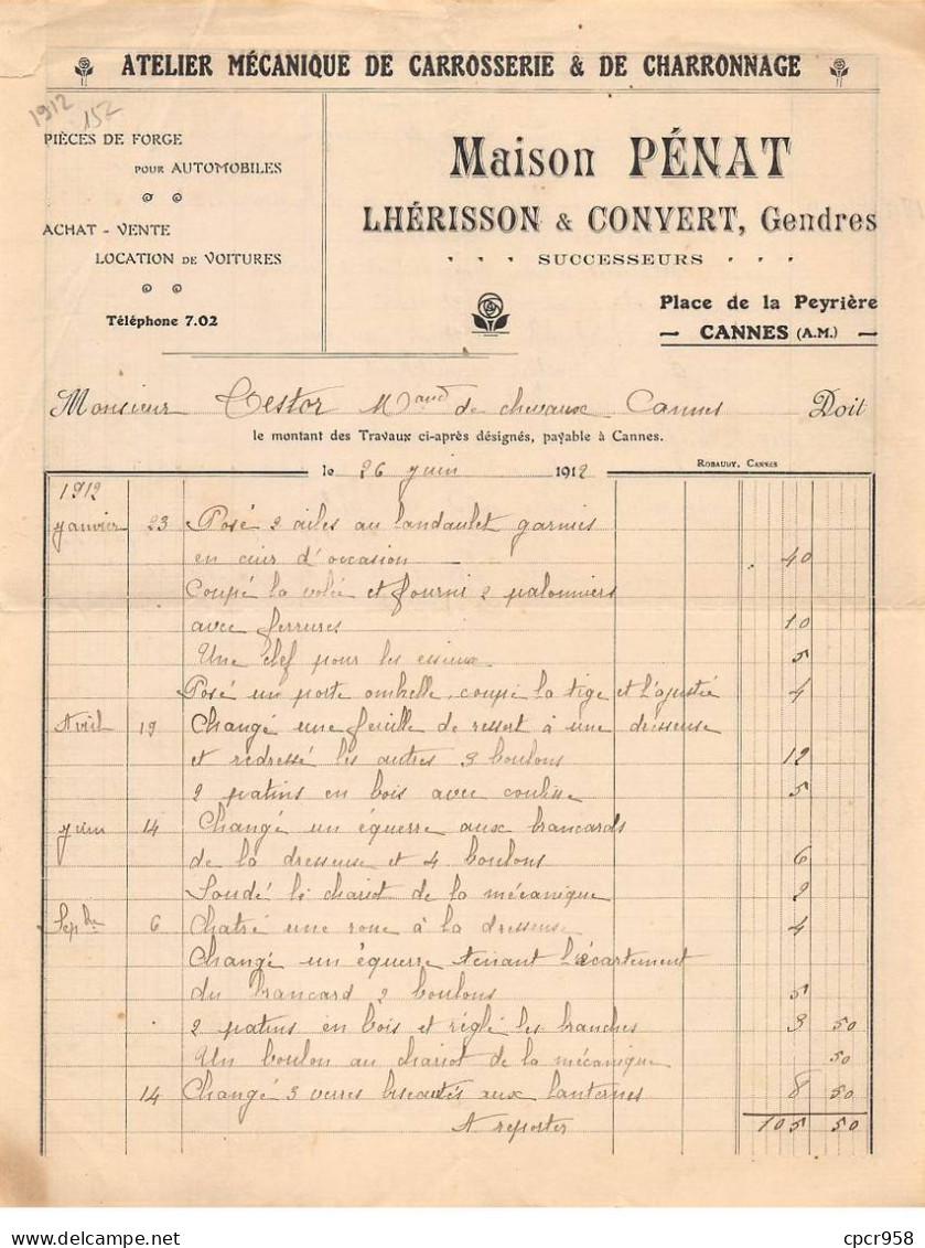 Facture.AM20971.Cannes.1912.Maison Pénat.Lhérisson & Convert.Atelier Mécanique Et Charronnage.Forge.Automobile - 1900 – 1949