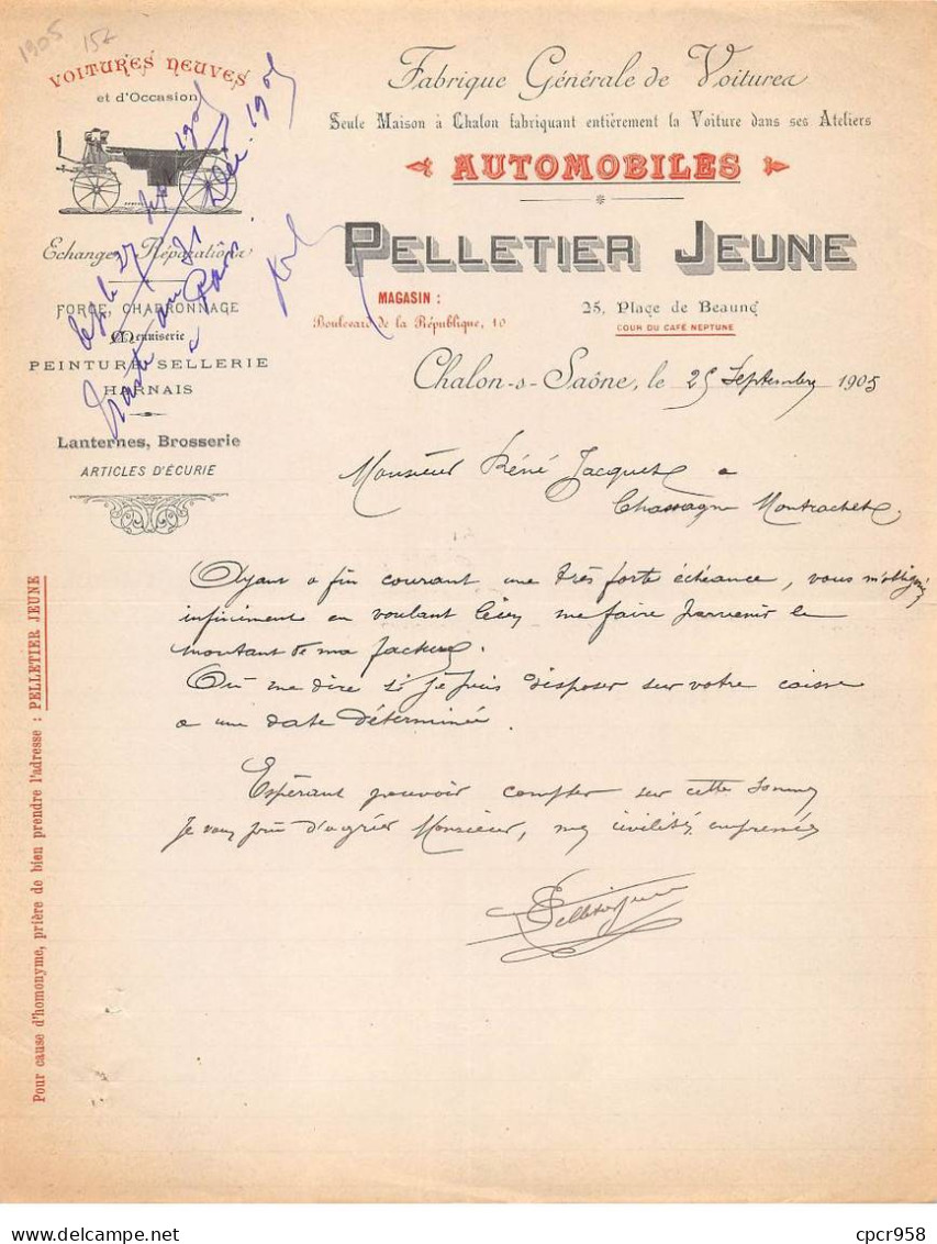 Facture.AM20970.Chalon Sur Saone.1905.Pelletier Jeune.Voiture.Forge.Menuiserie.Charronnage.Peinture.Sellerie.brosserie - 1900 – 1949