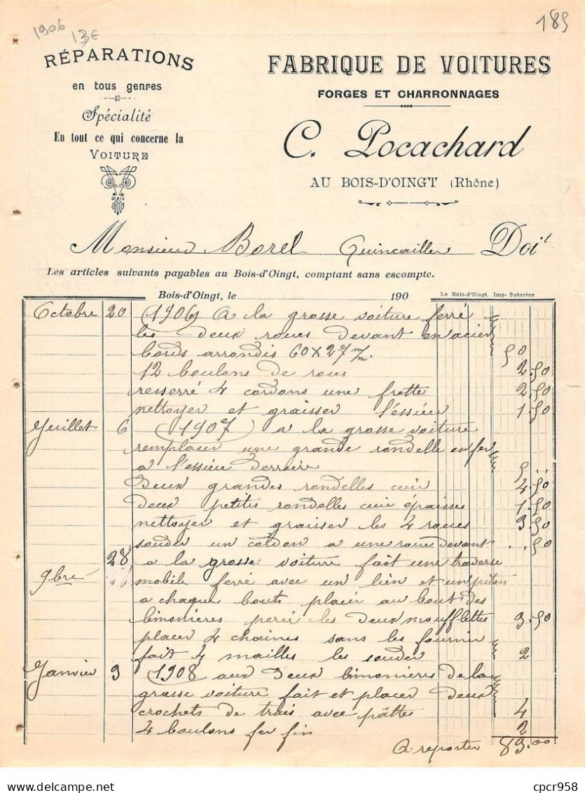 Facture.AM20973.Bois D'Oingt.1906.C Pocachard.Voiture.Forge.Charronnage - 1900 – 1949