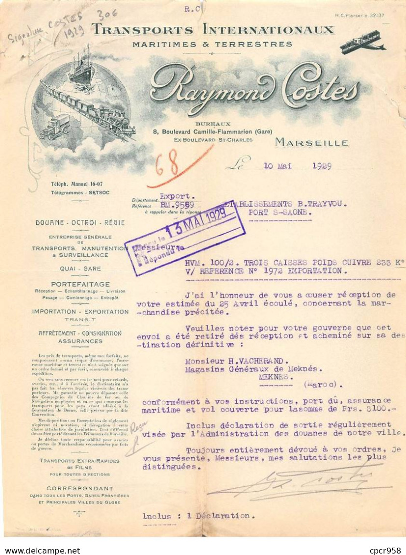 Facture.AM20172.Marseille.1929.Raymond Costes.Transports Internationaux.Signature Costes - 1900 – 1949