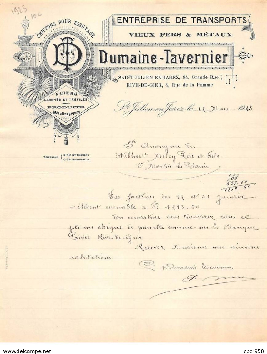 Facture.AM20173.St Julien En Jarez.1923.Dumaine Tavernier.Transports.Vieux Fers Et Métaux.Chiffon - 1900 – 1949