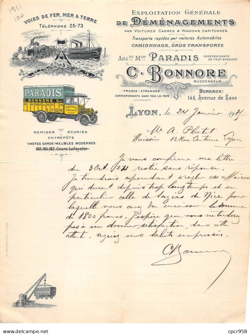 Facture.AM20168.Lyon.1921.C Bonnore.Anc Paradis.Exploitation Générale De Déménagements.Camionnage.Transport - 1900 – 1949