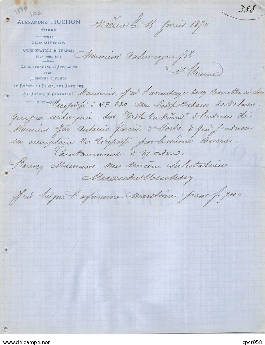 Facture.AM20165.Havre.1870.Alexandre Huchon.Commission.Consignation & Transit - 1800 – 1899