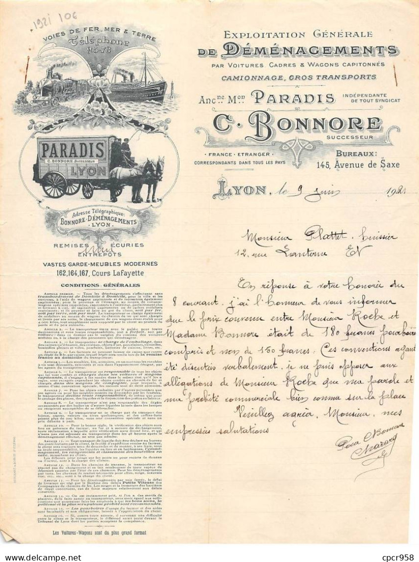 Facture.AM20167.Lyon.1921.C Bonnore.Anc Paradis.Exploitation Générale De Déménagements.Camionnage.Transport - 1900 – 1949