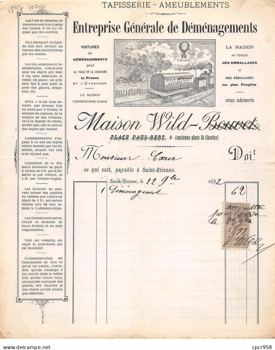 Facture.AM20159.Saint Etienne.1892.Maison Wild.Entreprise Générale De Déménagements - 1800 – 1899