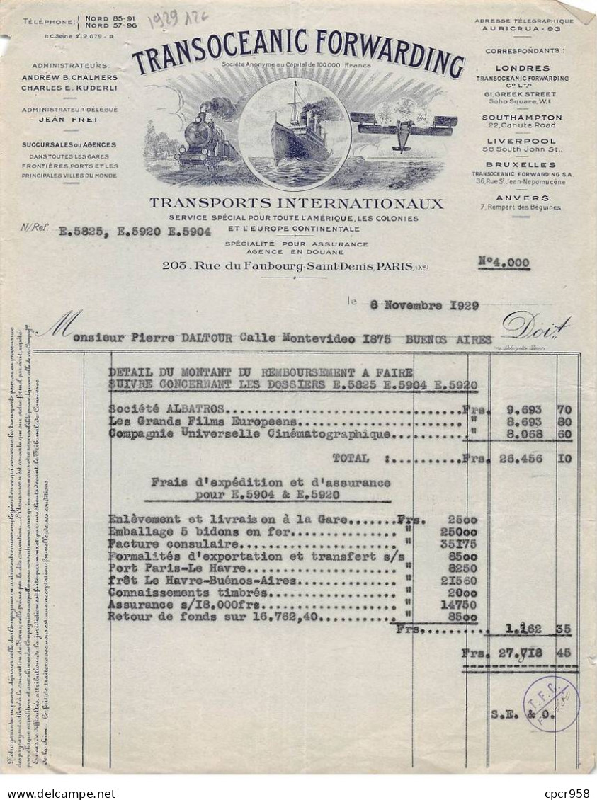 Facture.AM20155.Paris.1929.Transocéanic Forwarding.Transports Internationaux - 1900 – 1949