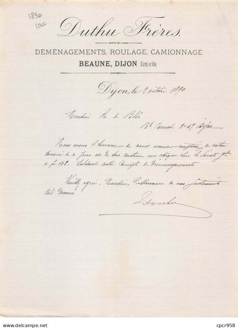 Facture.AM20145.Beaune.Dijon.1890.Duthu Frères.Déménagements.Roulage.Camionnage - 1800 – 1899