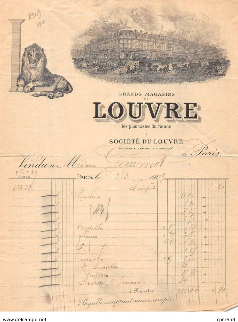 Facture.AM20149.Paris.1909.Grands Magasins Du Louvre.Société Du Louvre - 1900 – 1949