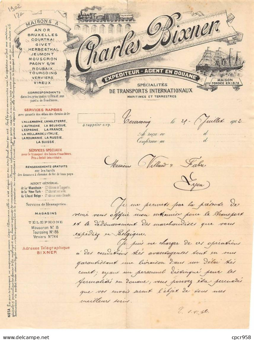 Facture.AM20166.Tourcoing.1902.Charles Bixner.Transports Internationaux Maritimes Et Terrestres - 1900 – 1949