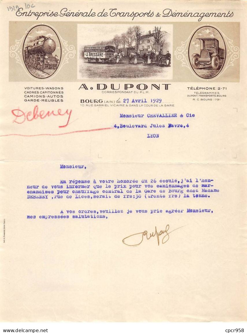 Facture.AM20174.Bourg.1929.A Dupont.Transport.Déménagement - 1900 – 1949