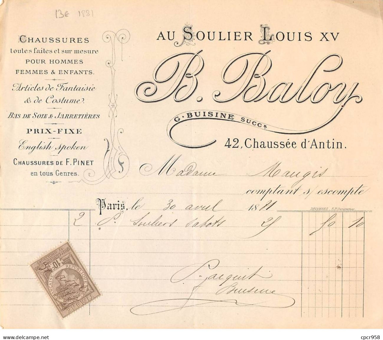 Facture.AM20377.Paris.1881.B Baloy.Au Soulier Louis XV.G Buisine.Chaussure.bas De Soie.Jarretières - 1800 – 1899