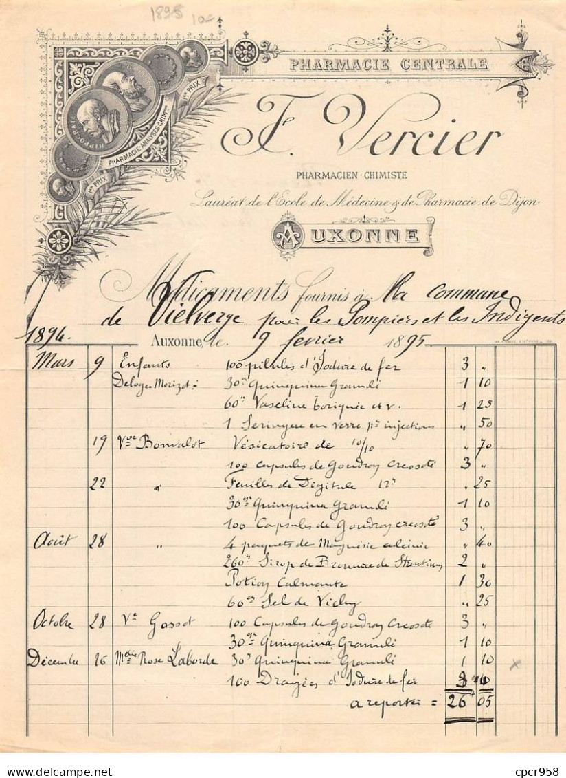 Facture.AM20142.Auxonne.1895.F Vercier.Pharmacie Centrale - 1800 – 1899