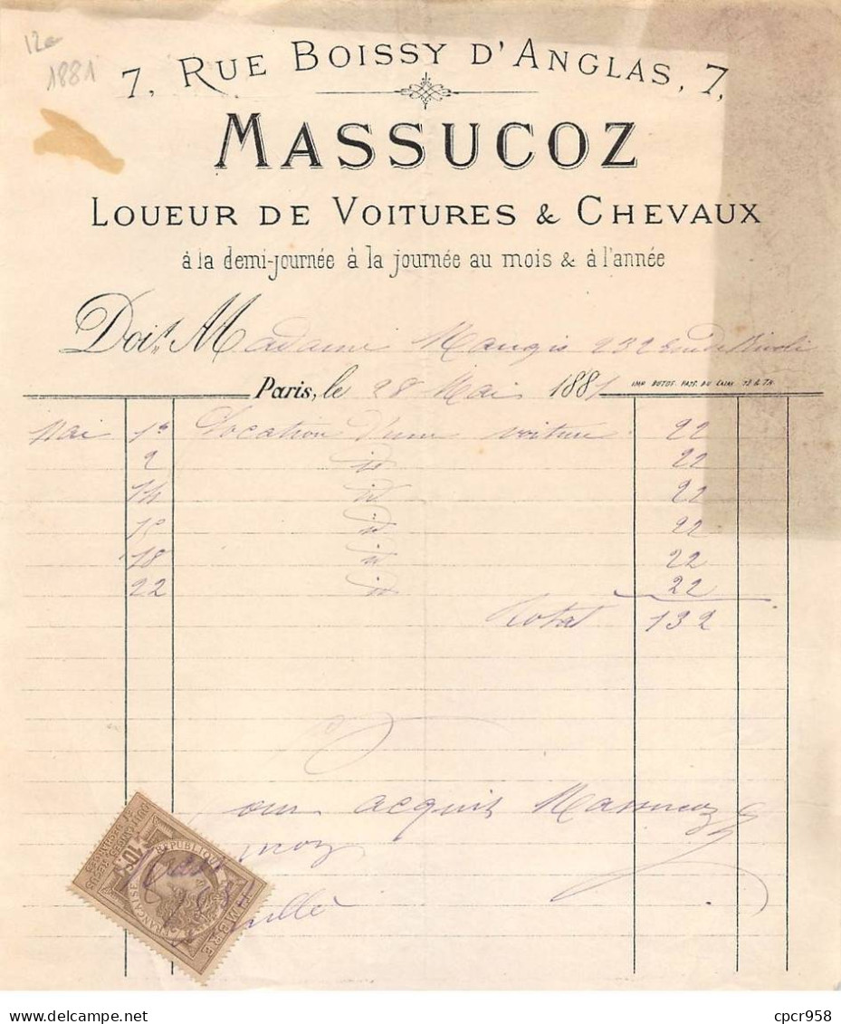 Facture.AM20371.Paris.1881.Massucoz.Loueur De Voitures & Chevaux - 1800 – 1899