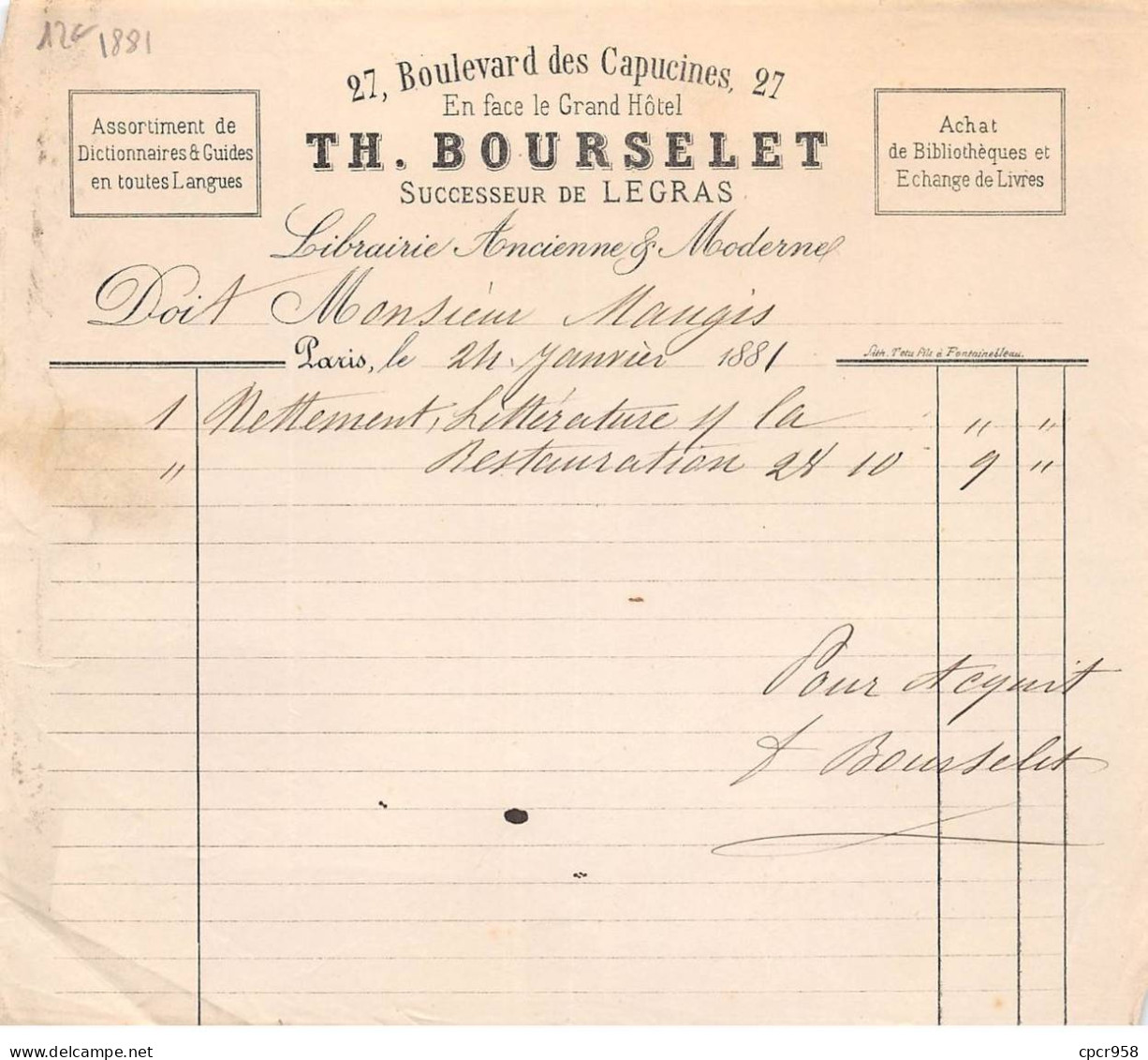 Facture.AM20373.Paris.1881.Th Bourselet.Legras.Librairie Ancienne Et Moderne - 1800 – 1899