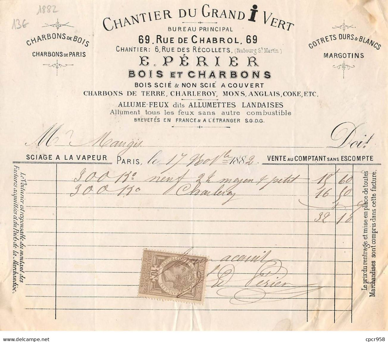 Facture.AM20374.Paris.1882.Chantier Du Grand I Vert.E Périer.Bois.Charbon - 1800 – 1899