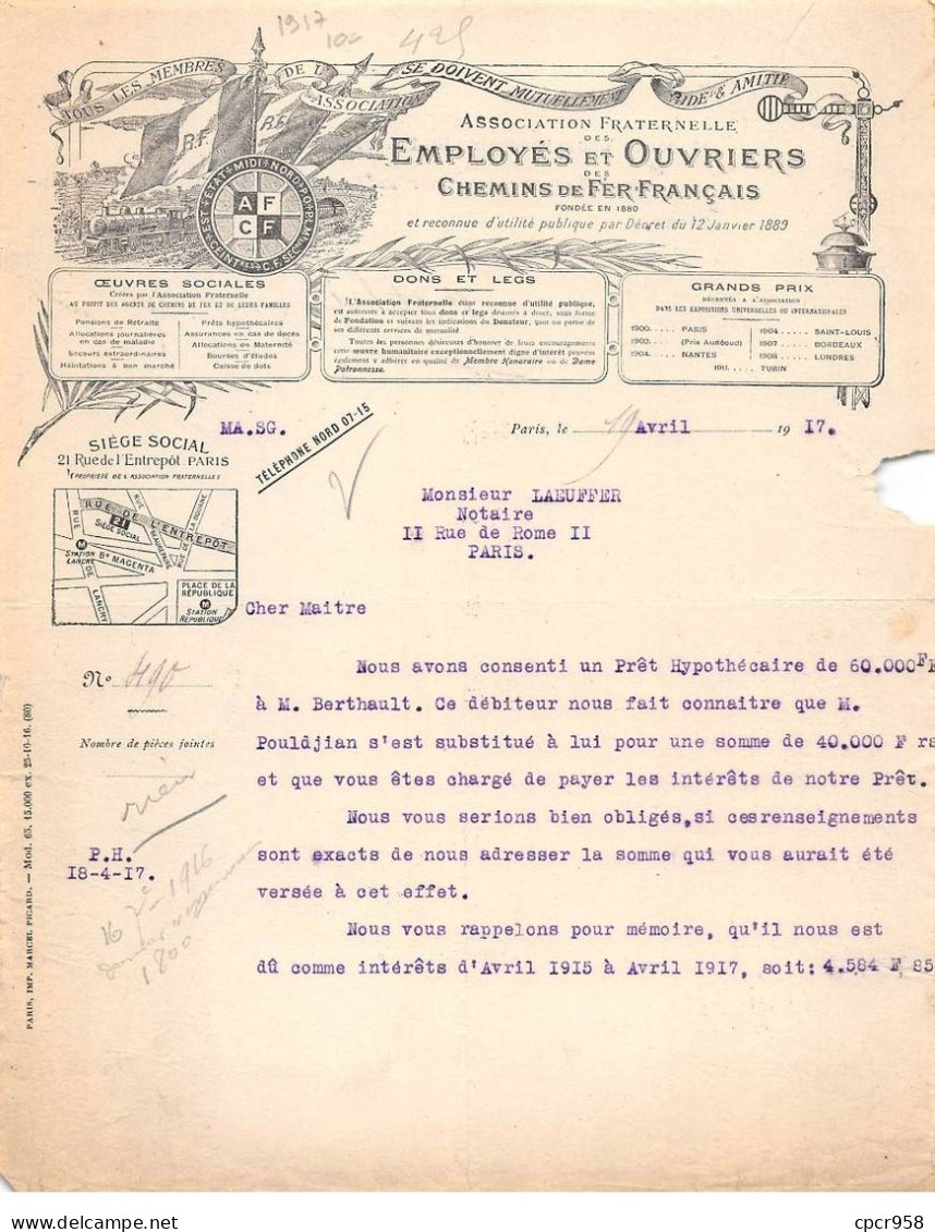 Facture.AM20138.Paris.1917.Association Fraternelle Employés Et Ouvriers Des Chemins De Fer Français.Oeuvre Sociale - 1900 – 1949